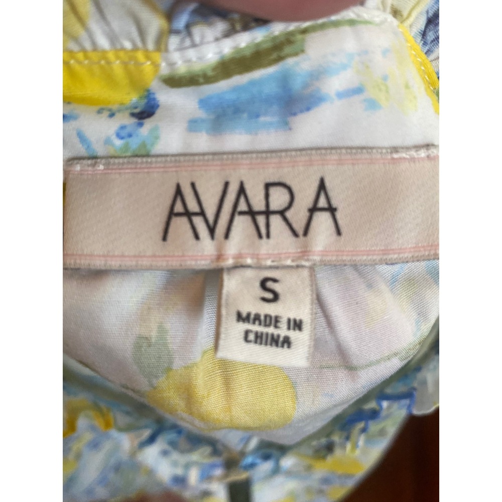 Avara Mediterranean Lemon Print Tiered Mini Dress Blue Yellow Sz s boho Cottage - Picture 10 of 10